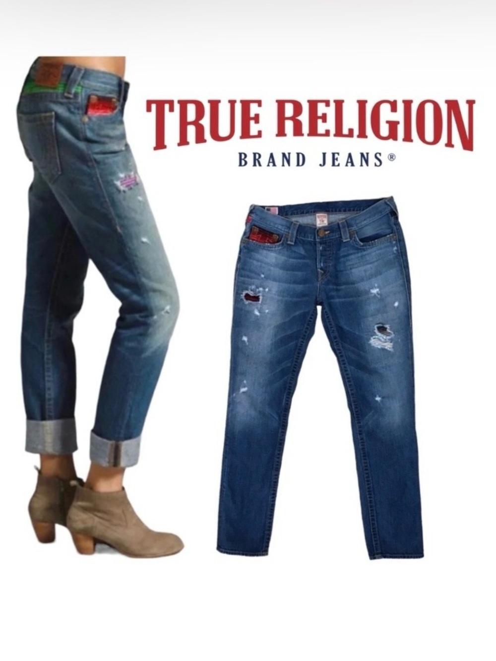 True Religion Brianna Boyfriend Button Fly Jeans w Aztec details Women’s 30 Boho